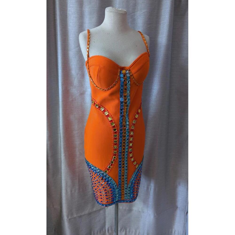 Fashion Nova Dress Orange Rainbow Rhinestone Neoprene Bodycon Dress XXL 2X